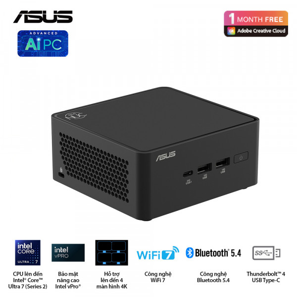 Bộ Mini PC Asus NUC 15 PRO Tall RNUC15CRHU5 (Intel Core Ultra 5 225H | Intel Arc GPU | 2xDDR5-6400 | 2xNVMe,SATA | 2x HDMI 2.1 | 2x Thunderbolt | VESA MOUNT | Black) hỗ trợ OpenClaw, NemoClaw
