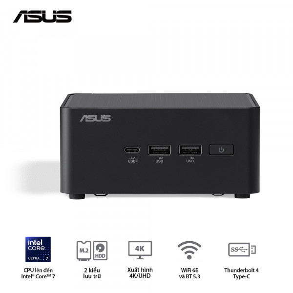 Bộ Mini PC Asus NUC 15 PRO Tall RNUC15CRHU700000I (Intel Core Ultra 7 255H | 2xDDR5-6400 | 2xNVMe,SATA | 2x HDMI 2.1 | 2x Thunderbolt | VESA MOUNT | Black)