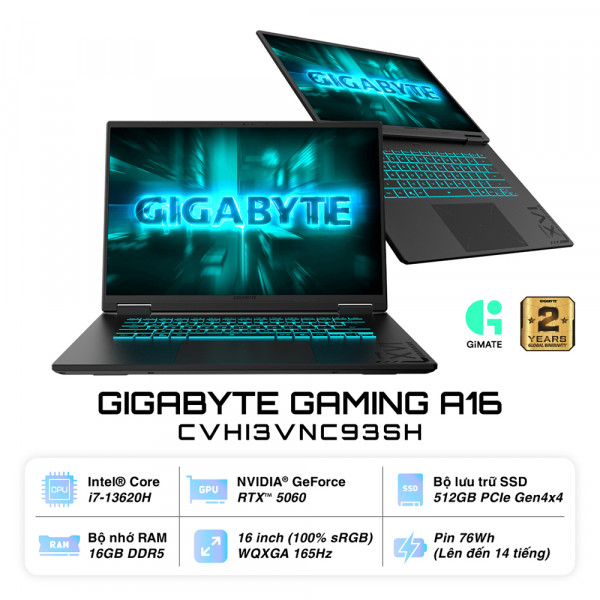Laptop Gigabyte GAMING A16 CVHI3VNC93SH (Intel Core i7-13620H | RTX 5060 8GB GDDR7 | 16 inch WQXGA | 16GB | 512GB | Windows 11 Home SL | Đen)