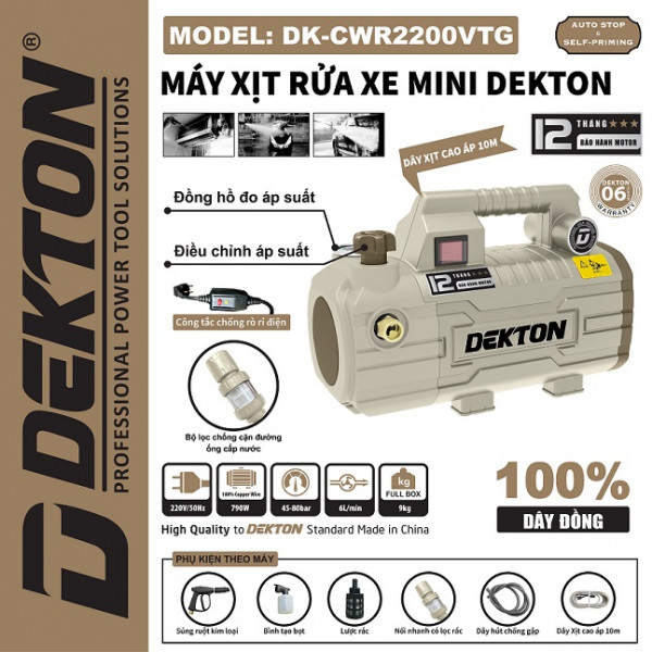 Máy rửa xe áp lực cao Dekton DK-CWR2200VTG