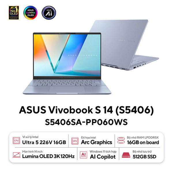 Laptop ASUS Vivobook S 14 OLED S5406SA-PP060WS (Intel Core Ultra 5 226V | 16GB | 512GB | Intel Arc | 14 inch 3K OLED| Win 11 | Office | Xanh)