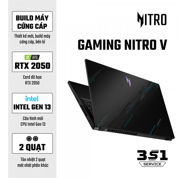 Laptop Acer Gaming Nitro V ANV15-51-72VS NH.QNASV.004 (Intel Core i7-13620H |RTX 2050 4GB GDDR6| 16GB | 512GB | 15.6 inch FHD | Win 11 | Obsidian black)