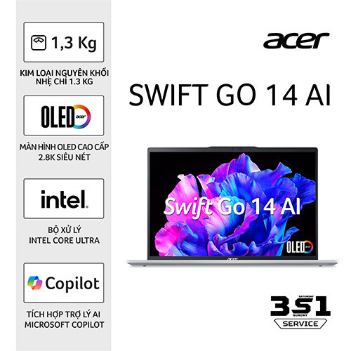 Laptop Acer Swift Go 14 AI Gen 2 OLED SFG14-73-57FZ NX.KSGSV.001 (Ultra 5 125H | 16GB | 512GB | Intel Arc | 14 inch 2.8K OLED | Win 11 | Bạc) 