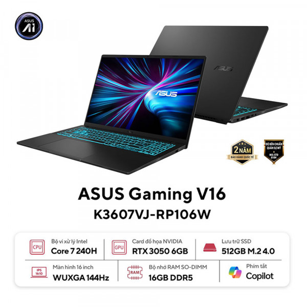 Laptop ASUS Gaming V16 K3607VJ-RP106W (Core™ 7 240H | 16GB | 512GB | RTX 3050 | 16inch WUXGA 144Hz | Win 11 | Đen)