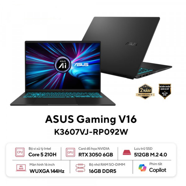 Laptop ASUS Gaming V16 K3607VJ-RP092W (Core™ 5 210H | 16GB | 512GB | RTX 3050 | 16inch WUXGA 144Hz | Win 11 | Đen)
