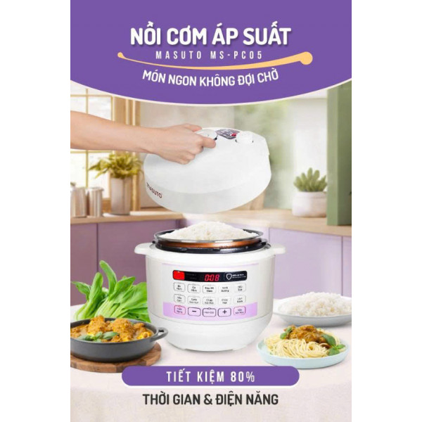 Nồi cơm áp suất 5L Masuto MSPC05 - 10 chức năng nấu, chế độ nấu mở nắp riêng biệt