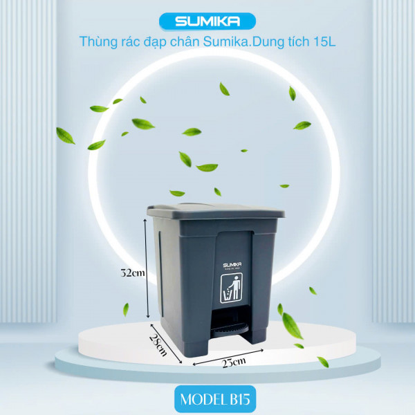 Thùng rác nhựa gia đình SUMIKA B15, dung tích 15L