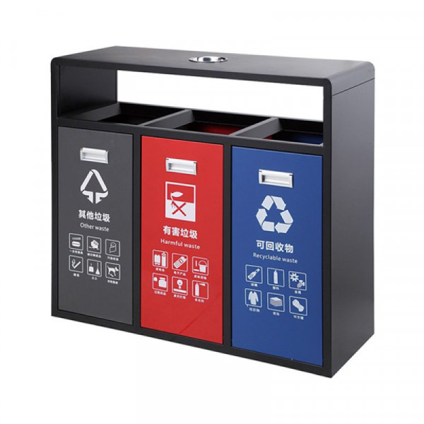 Thùng rác inox 3 ngăn có gạt tàn HTI3N-GT