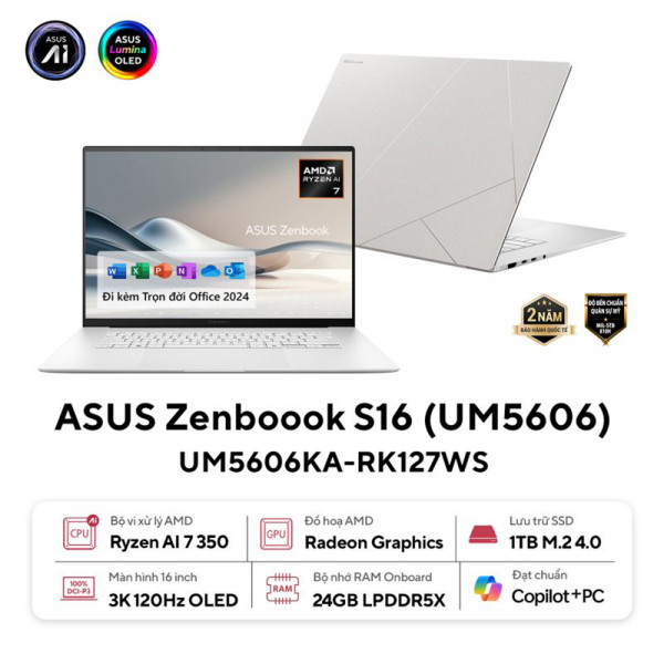 Laptop ASUS Zenbook S 16 UM5606KA-RK127WS (AMD Ryzen AI 7 350 Processor 2.0GHz | 24GB | 1TB | AMD Radeon | 16 inch 3K OLED | Win 11 | Office | Trắng)