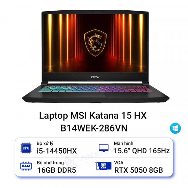 Laptop MSI Katana 15 HX B14WEK-286VN (Intel Core i5-14450HX | RTX 5050 8GB | 15.6 inch QHD 165Hz | 16GB | 512GB | Win 11 | Đen)