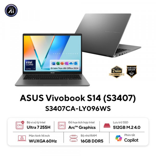 Laptop ASUS Vivobook S14 S3407CA-LY096WS (Intel Core Ultra 7 Processor 255H | 16GB | 512GB | Intel UHD | 14 inch WUXGA IPS | Win 11 | Office | Xám)