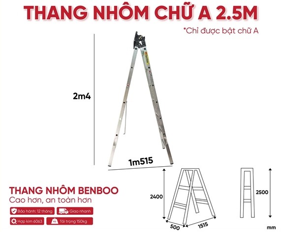 Thang nhôm chữ A hộp mâm Benboo 2,5m