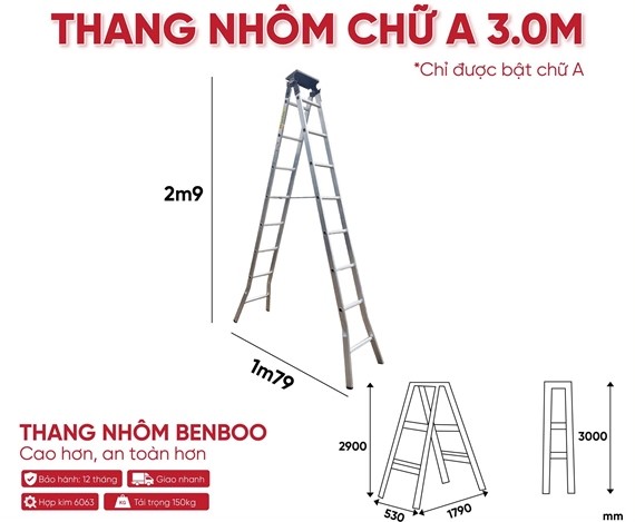 Thang nhôm chữ A hộp mâm Benboo 3m