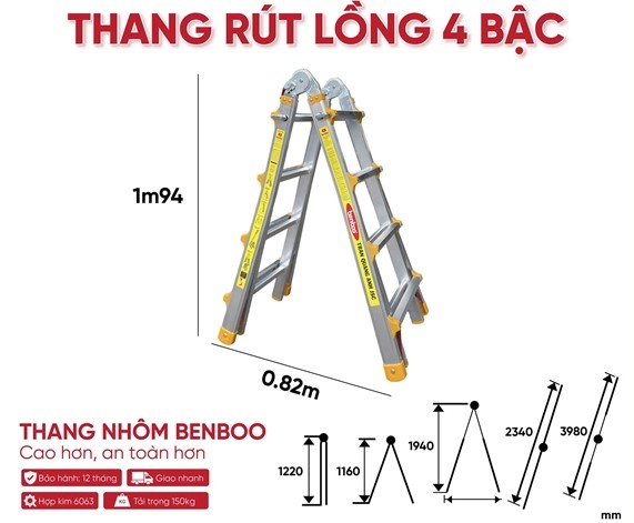 Thang nhôm rút lồng Benboo Slide 4 bậc