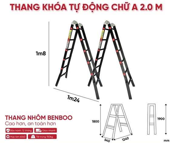 Thang nhôm Benboo chữ A khóa tự động 6 bậc