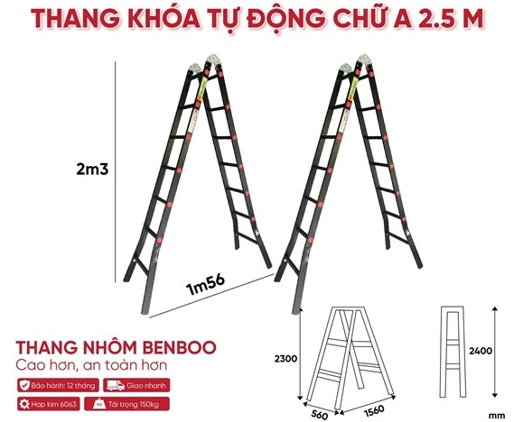 Thang nhôm Benboo chữ A khóa tự động 7 bậc
