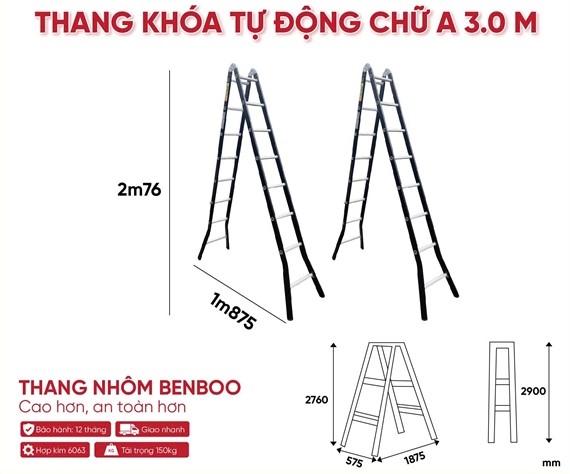 Thang nhôm Benboo chữ A khóa tự động 8 bậc