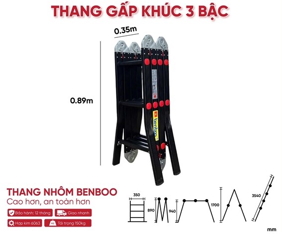 Thang nhôm gấp khúc đa năng Benboo 4 đoạn 3 bậc