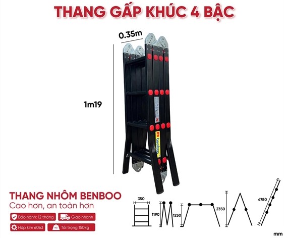 Thang nhôm gấp khúc đa năng Benboo 4 đoạn 4 bậc