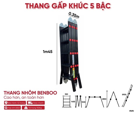 Thang nhôm gấp khúc đa năng Benboo 4 đoạn 5 bậc