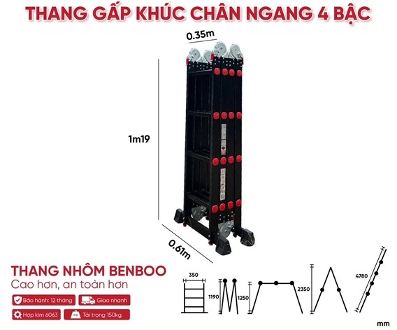 Thang nhôm gấp khúc đa năng chân ngang Benboo 4 đoạn 4 bậc