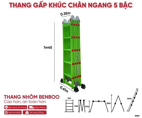 Thang nhôm gấp khúc đa năng chân ngang Benboo 4 đoạn 5 bậc
