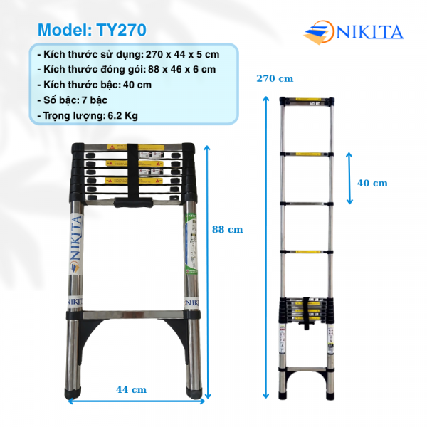 Thang nhôm rút đơn Nikita ALU40 khoảng cách bậc 40cm chống trượt TY-270