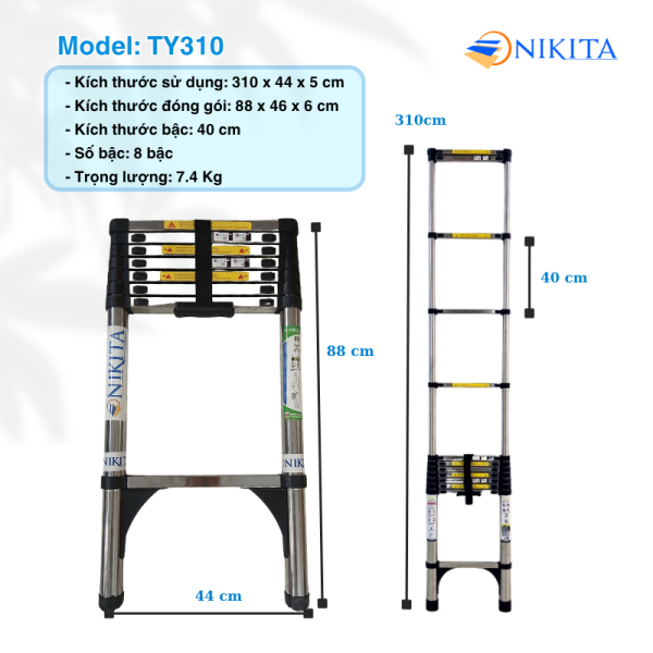 Thang nhôm rút đơn Nikita ALU40 khoảng cách bậc 40cm chống trượt TY-310