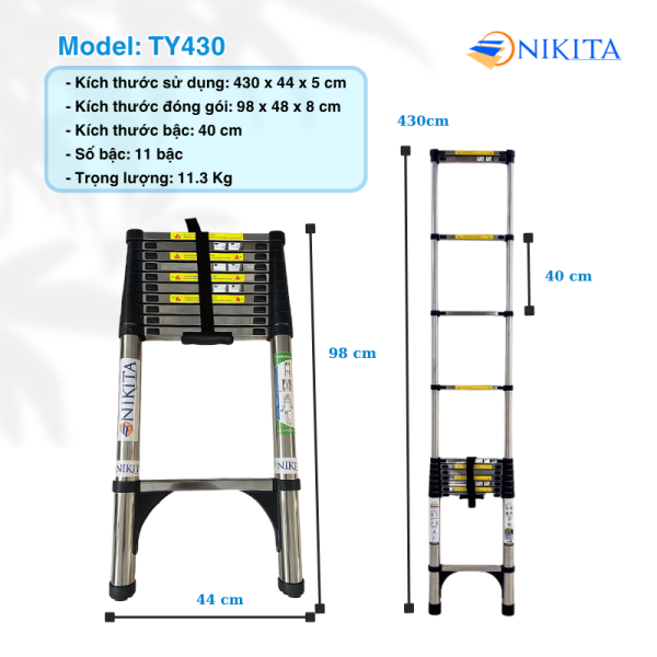 Thang nhôm rút đơn Nikita ALU40 khoảng cách bậc 40cm chống trượt TY-430