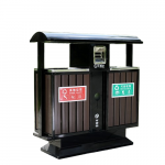 Thùng rác ngoài trời thép phun sơn giả gỗ hai ngăn HTSO-2-16